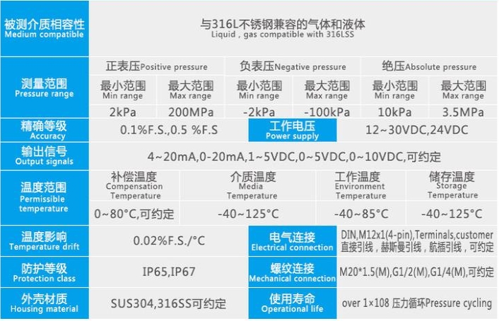 PT301壓力變送器技術(shù)參數(shù)